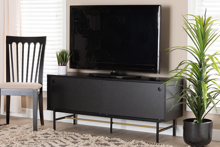 193271259267 53.1 x 15.7 x 22.4 in. Truett Modern Dark Brown Finished Wood & Two-Tone Black & Gold Metal TV Stand -  Baxton Studio