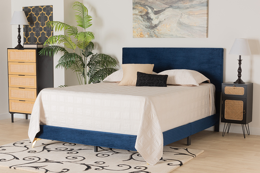 Picture of Bali & Pari 193271347117 64.4 x 85.6 x 47.63 in. Abberton Modern & Contemporary Navy Blue Velvet & Gold Metal Queen Size Panel Bed