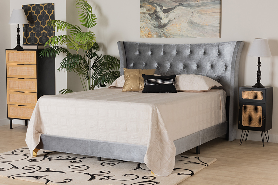 Picture of Bali & Pari 193271347148 73 x 85.4 x 51.25 in. Easton Contemporary Glam & Luxe Gray Velvet & Gold Metal Queen Size Panel Bed