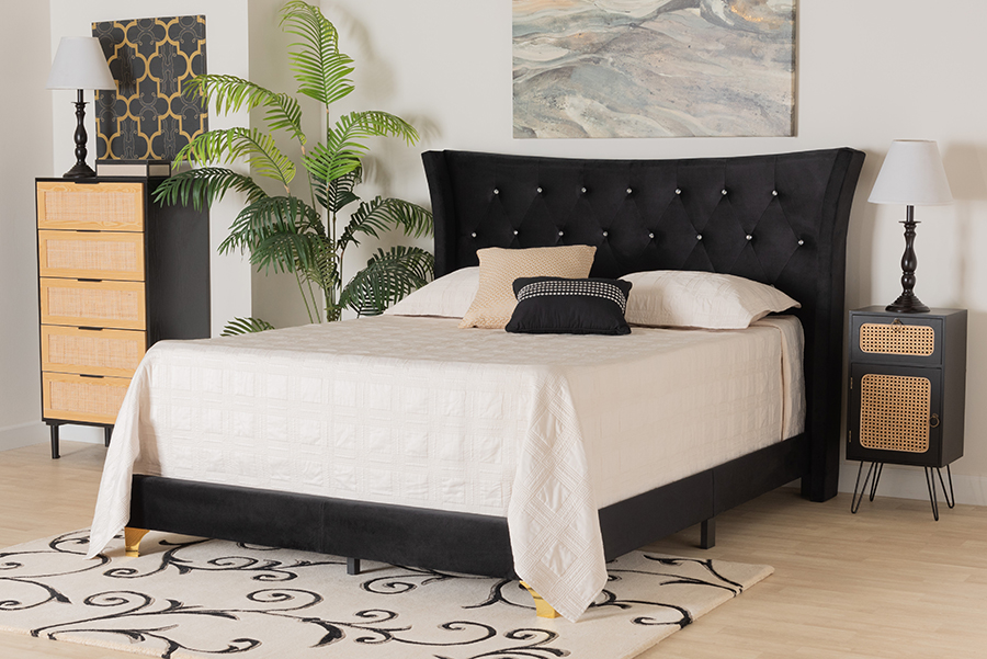 Picture of Bali & Pari 193271347155 73 x 85.4 x 51.25 in. Easton Contemporary Glam & Luxe Black Velvet & Gold Metal Queen Size Panel Bed