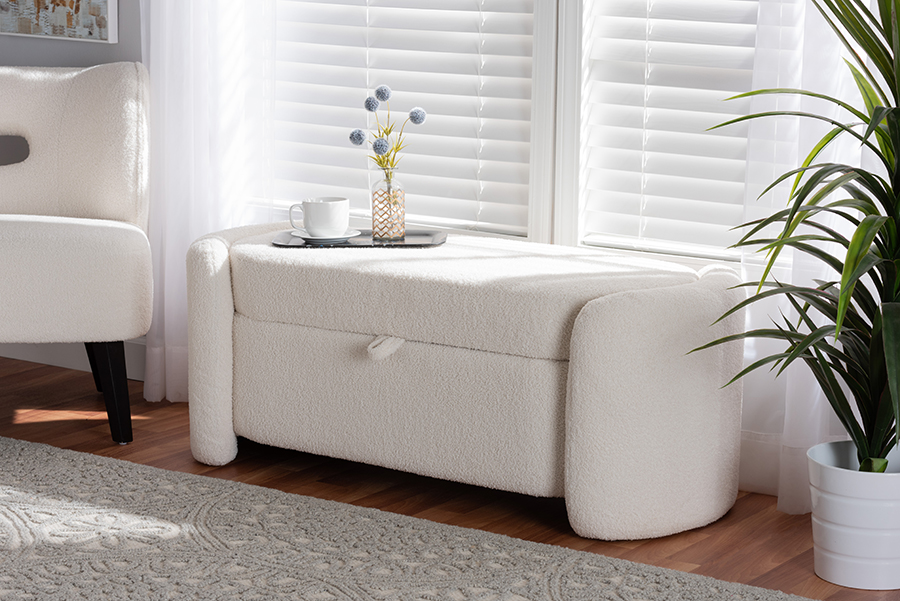 Picture of Bali & Pari 193271349081 48 x 20.9 x 18.9 in. Oakes Modern & Contemporary Ivory Boucle Upholstered Storage Bench