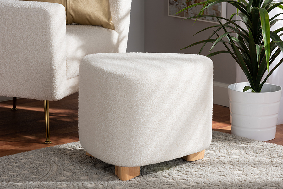 Picture of Bali & Pari 193271349111 20.5 x 18.5 x 16.5 in. Brielle Modern & Contemporary Ivory Boucle Upholstered & Natural Brown Finished Wood Ottoman