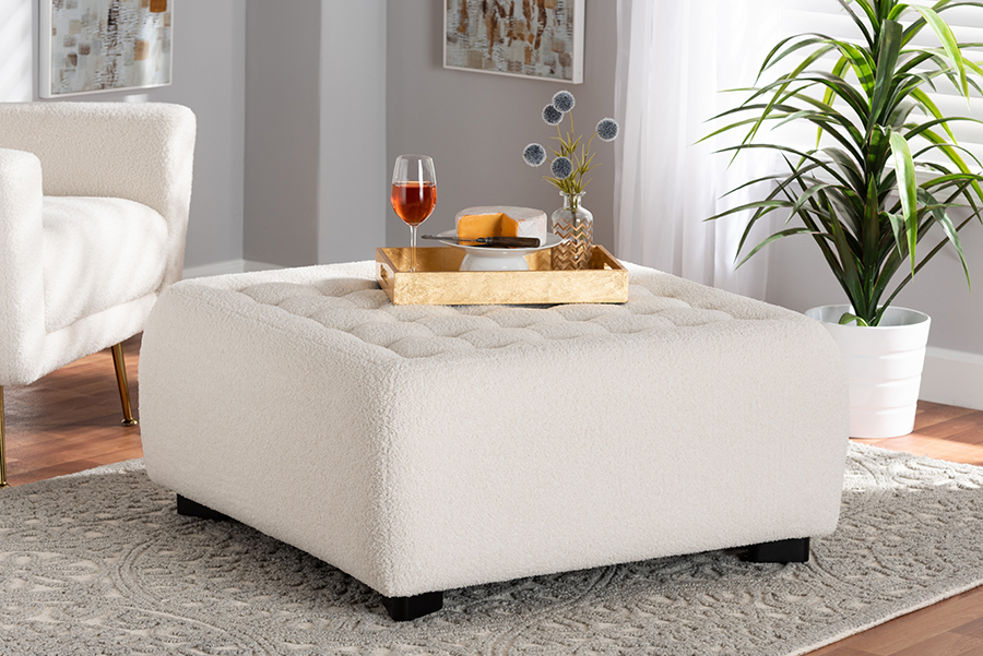 Picture of Bali & Pari 193271349128 34.3 x 34.3 x 15.7 in. Athena Modern & Contemporary Ivory Boucle Upholstered & Black Finished Wood Square Ottoman
