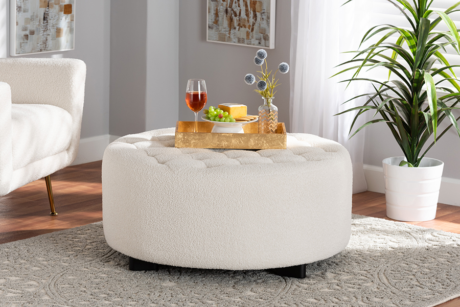 Picture of Bali & Pari 193271349135 34.3 x 34.3 x 15.7 in. Athena Modern & Contemporary Ivory Boucle Upholstered & Black Finished Wood Round Ottoman