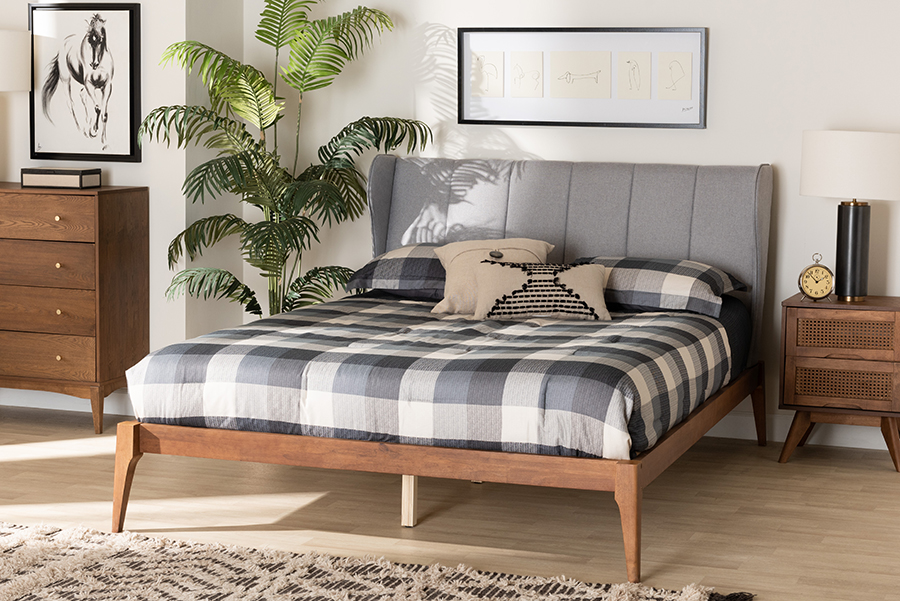 193271349616 65.4 x 91.3 x 42.9 in. Royce Mid-Century Modern & Transitional Light Gray Fabric & Ash Walnut Finished Wood Queen Size Bed -  Baxton Studio