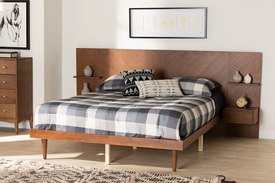 97.9 x 83.7 x 42.5 in. Graham Mid-Century Modern & Transitional Ash Walnut Finished Wood Queen Size Platform Storage Bed with Built-In Nightstands -  Baxton Studio, 193271349708