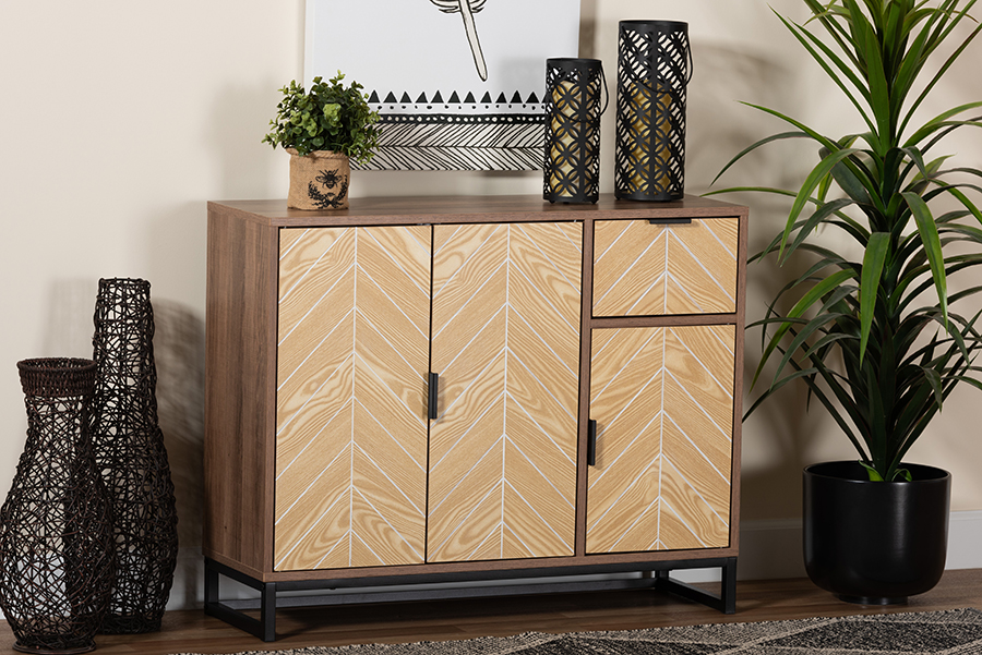 Picture of Baxton Studio 193271351107 35.4 x 11.8 x 28.3 in. Josephine Mid-Century Modern & Transitional Two-Tone Walnut & Natural Brown Finished Wood & Black Metal 3-Door Sideboard
