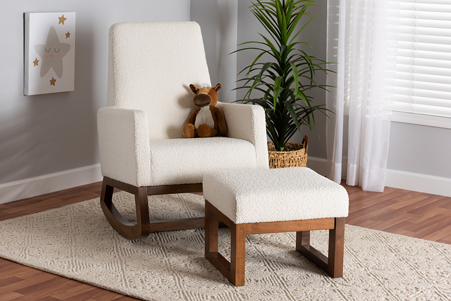 Picture of Baxton Studio 193271398072 2 Piece Yashiya Mid-Century Modern Off-White Boucle Upholstered & Walnut Brown Finished Wood Rocking Chair & Ottoman Set