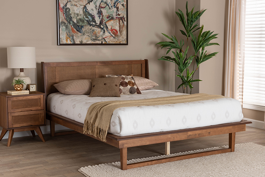 193271251391 Aveena Mid-Century Modern Wood Platform Bed, Walnut Brown - Queen Size
