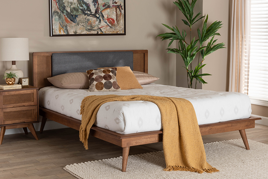 193271323968 Delfina Mid-Century Modern Fabric Wood Platform Bed, Dark Grey & Walnut Brown - Queen Size