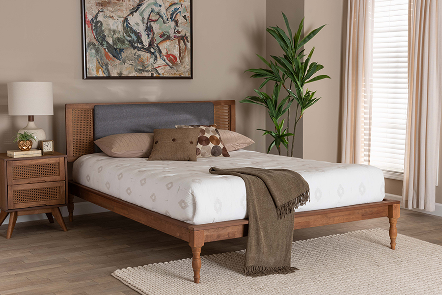 193271323975 Eliseo Mid-Century Modern Fabric Wood Platform Bed, Dark Grey & Walnut Brown - King Size