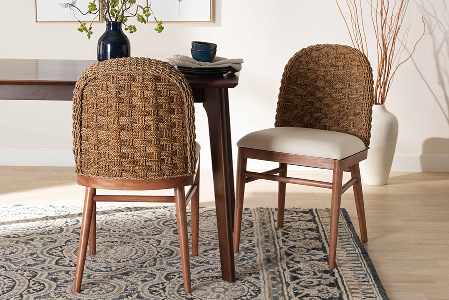 193271402076 Denver Modern Bohemian Acacia Wood & Seagrass Dining Chair Set, White & Walnut Brown - 2 Piece - Pack of 2