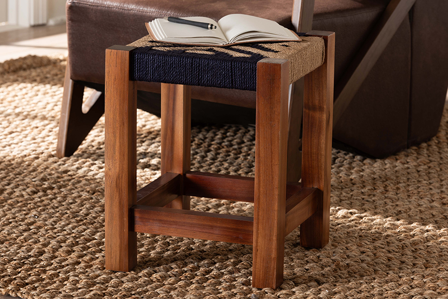 Picture of Bali & Pari 193271408603 Prunella Modern Bohemian Two-Tone Seagrass & Acacia Wood Footstool&#44; Navy Blue&#44; Brown & Natural Brown