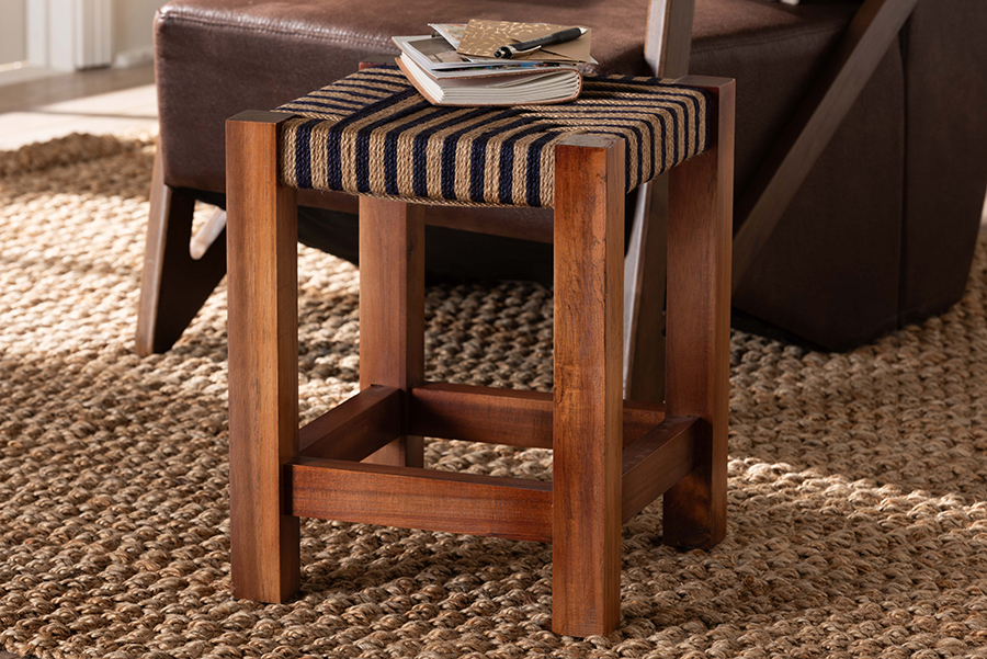 Picture of Bali & Pari 193271408610 Kailas Modern Bohemian Two-Tone Seagrass & Acacia Wood Footstool&#44; Navy Blue&#44; Brown & Natural Brown