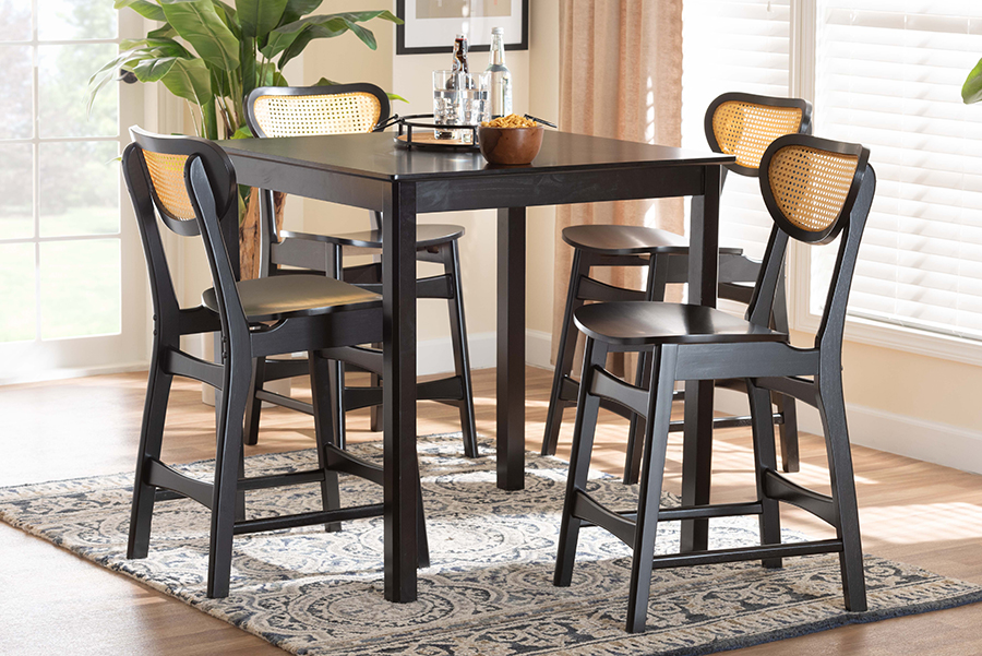 193271429875 Hesper Mid-Century Modern Wood & Rattan Pub Set, Dark Brown & Light Brown - 5 Piece