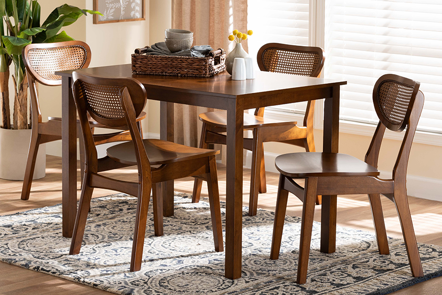 193271430659 Jeriah Mid-Century Modern Wood & Woven Rattan Dining Set, Walnut Brown & Light Brown - 5 Piece