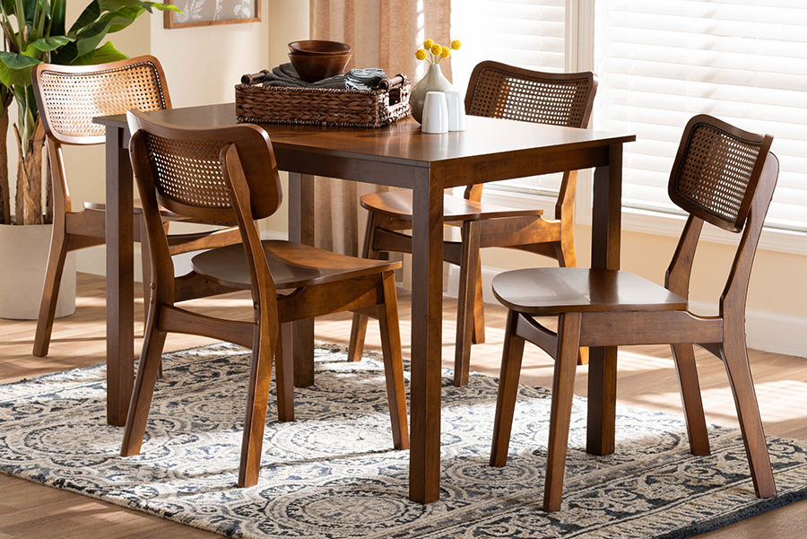193271430666 Estera Mid-Century Modern Wood & Rattan Dining Set, Walnut Brown & Light Brown - 5 Piece