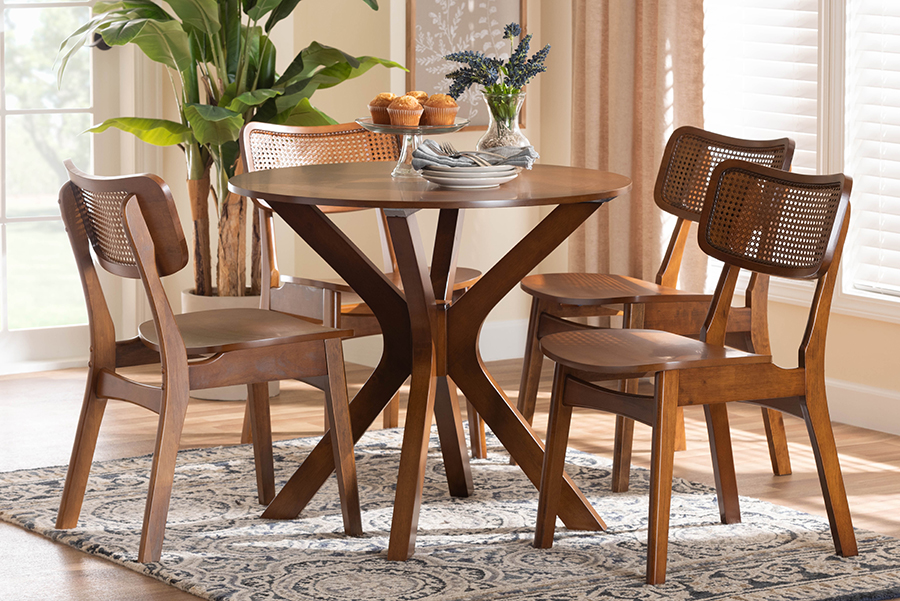 193271430680 Linnet Mid-Century Modern Wood & Rattan Dining Set, Walnut Brown & Light Brown - 5 Piece