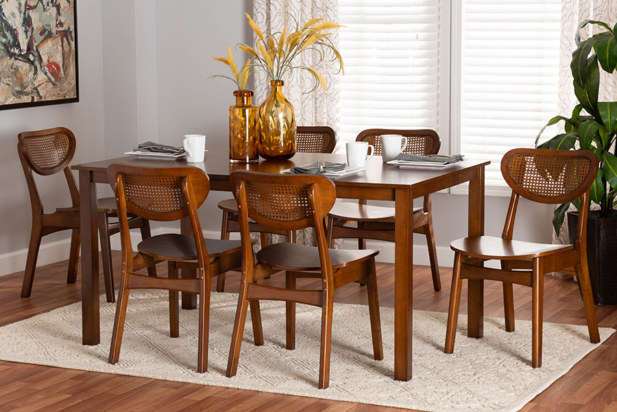 193271432172 Jeriah Mid-Century Modern Wood & Woven Rattan Dining Set, Walnut Brown & Brown - 7 Piece