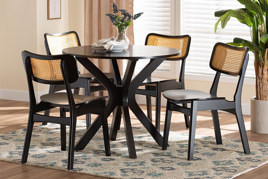 193271432257 Linnet Mid-Century Modern Wood & Rattan Dining Set, Dark Brown & Light Brown - 5 Piece -  Baxton Studio