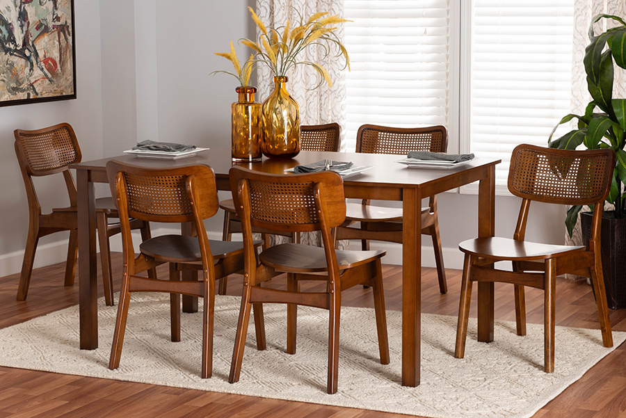 193271432325 Estera Mid-Century Modern Wood & Rattan Dining Set, Walnut Brown & Brown - 7 Piece