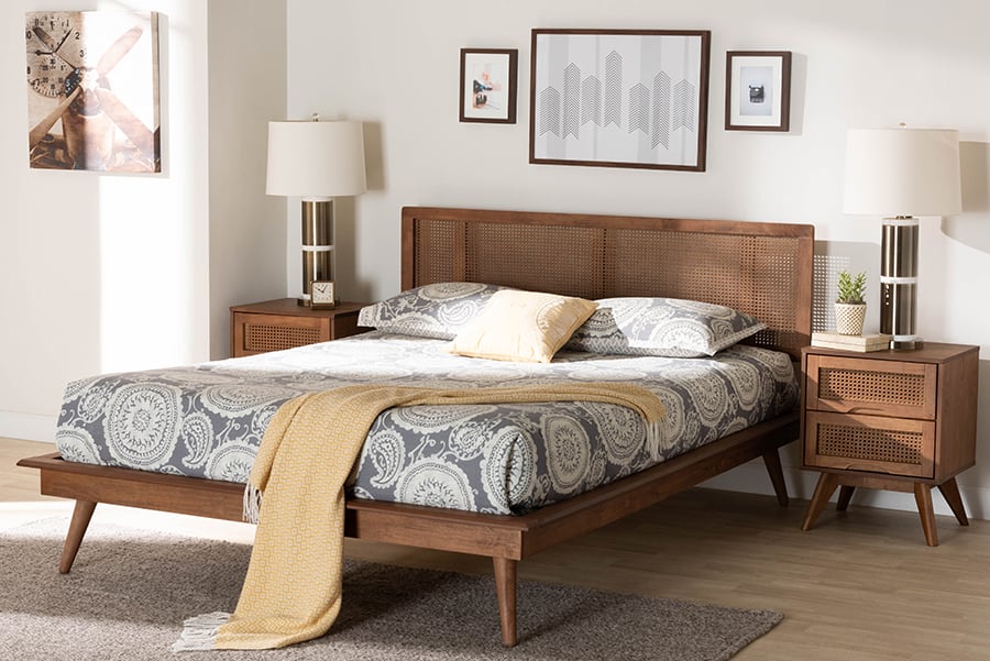 193271433520 Nura Mid-Century Modern Wood & Rattan King Size Bedroom Set, Walnut Brown & Brown - 3 Piece -  Baxton Studio