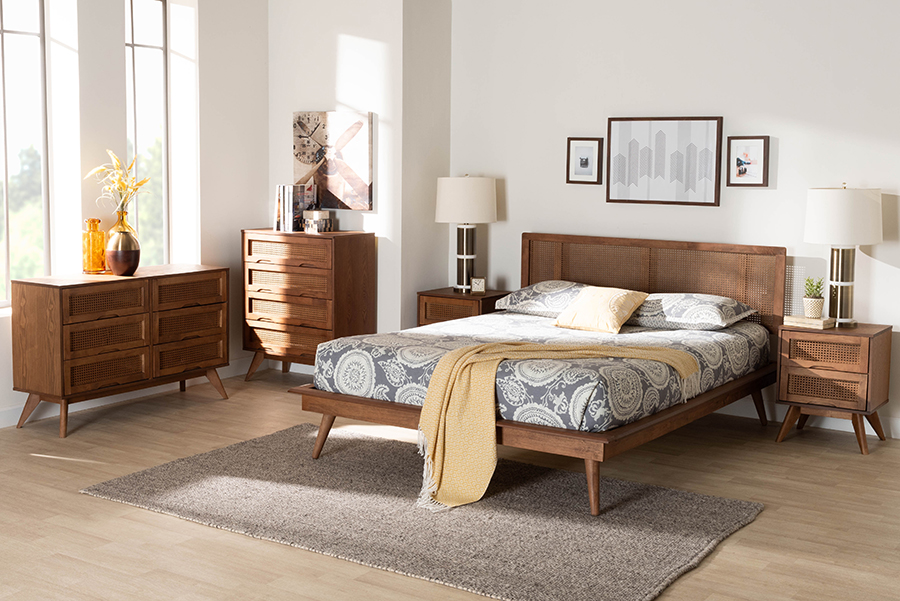 193271433582 Nura Mid-Century Modern Wood & Rattan King Size Bedroom Set, Walnut Brown & Brown - 5 Piece -  Baxton Studio