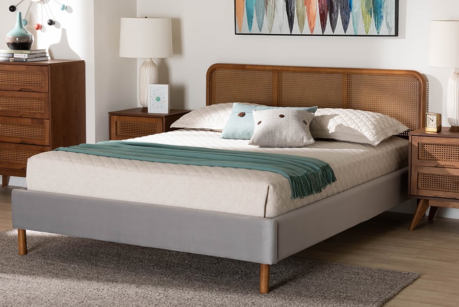 65.20 x 85.40 x 37.60 in. Rosita Mid-Century Modern Transitional Velvet Fabric Wood Queen Size Platform Bed - Light Grey, Walnut Brown -  Baxton Studio, 193271412129