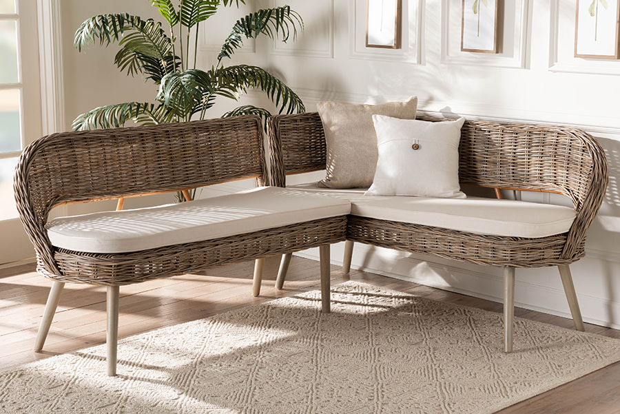 193271412419 53.10 x 24.80 x 32.30 in. Raisa Modern Bohemian Greywashed Seagrass & Acacia Wood Dining Nook Banquette Set, White - 2 Piece