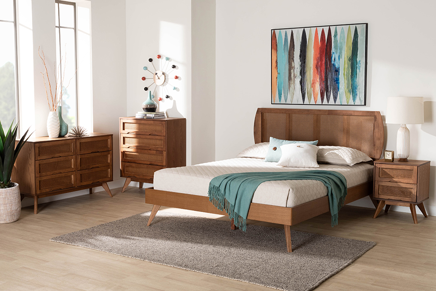 Picture of Baxton Studio 193271433742 57.10 x 77.40 x 14.90 in. Asami Mid-Century Modern Wood & Woven Rattan Full Size Bedroom Set&#44; Walnut Brown - 4 Piece