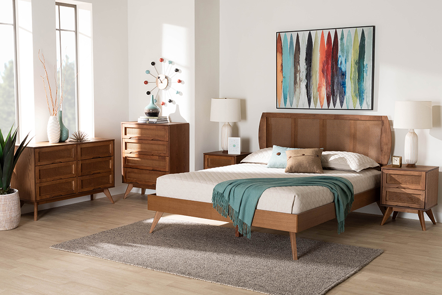 Picture of Baxton Studio 193271433773 57.10 x 77.40 x 14.90 in. Asami Mid-Century Modern Wood & Woven Rattan Full Size Bedroom Set&#44; Walnut Brown - 5 Piece