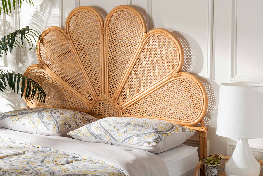 193271414079 Flower Modern Bohemian Rattan King Size Standalone Headboard, Light Honey
