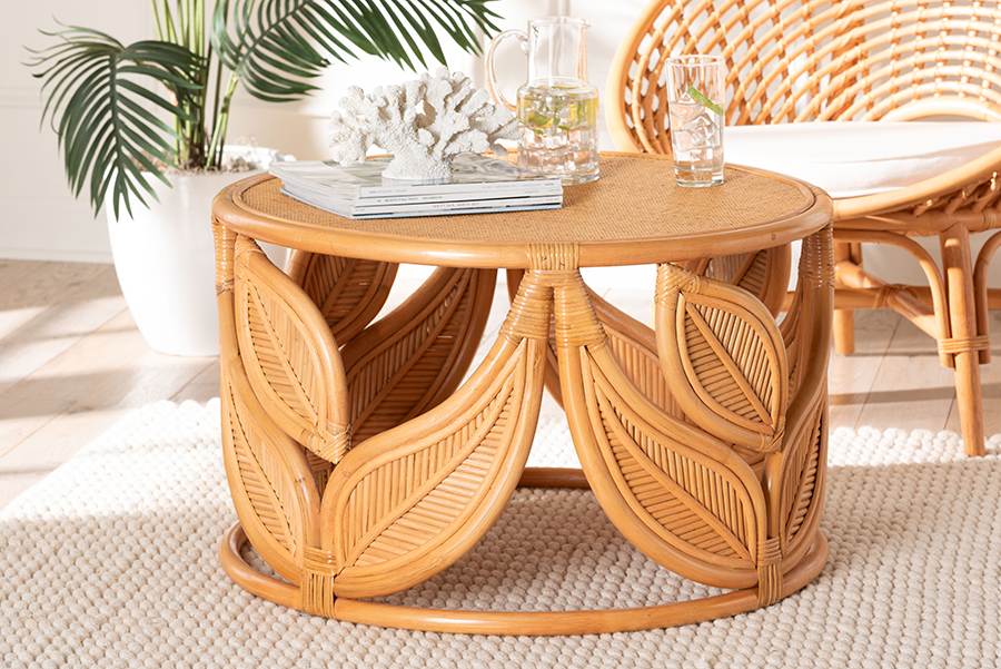 193271414130 Raflesia Modern Bohemian Rattan Coffee Table, Light Honey