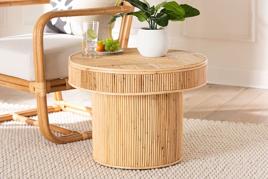 193271414178 Iryna Modern Bohemian Rattan End Table, Light Honey