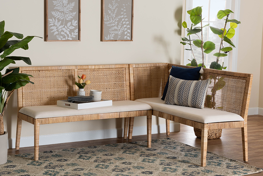 193271412358 Kalimantan Bohemian Light Honey & White Rattan Banquette Set, 2 Piece