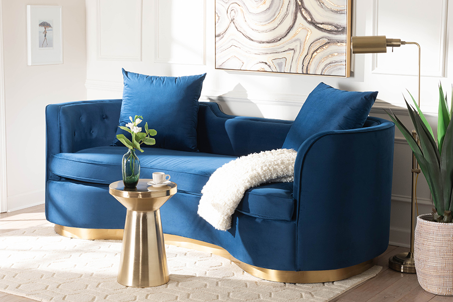 193271415458 Deserae Glam & Luxe Navy Blue Velvet & Brushed Gold Metal Sofa -  Baxton Studio