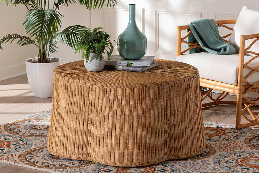bali & pari Palm Coffee Table with Woven Rattan and Metal Frame, 39.75" W