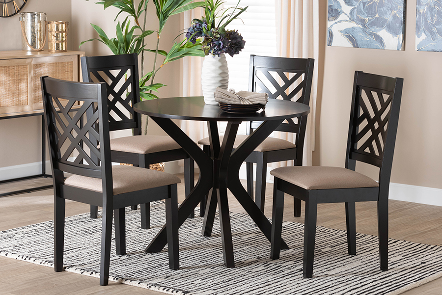 193271146345 Norah Modern Sand Fabric & Dark Brown Finished Wood Dining Set - 5 Piece -  Baxton Studio