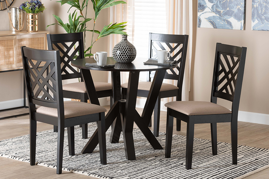 193271149988 Elise Modern Sand Fabric & Dark Brown Finished Wood Dining Set - 5 Piece -  Baxton Studio