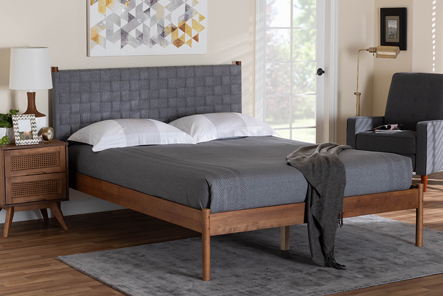 193271408467 Estela Mid-Century Modern Gray Woven Fabric & Walnut Brown Wood Platform Bed - Queen Size