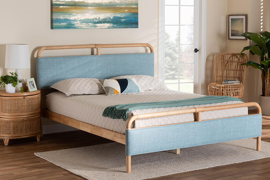 193271408559 Mateo Modern & Contemporary Baby Blue Fabric & Natural Wood Platform Bed - Queen Size -  Baxton Studio