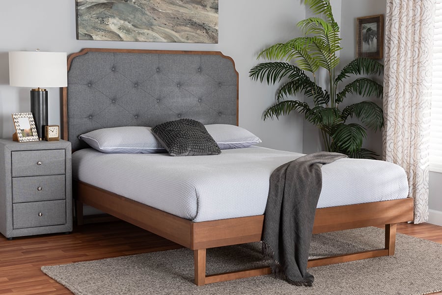 193271325900 Roald Mid-Century Modern Grey Fabric & Walnut Brown Wood Queen Size Platform Bed -  Baxton Studio