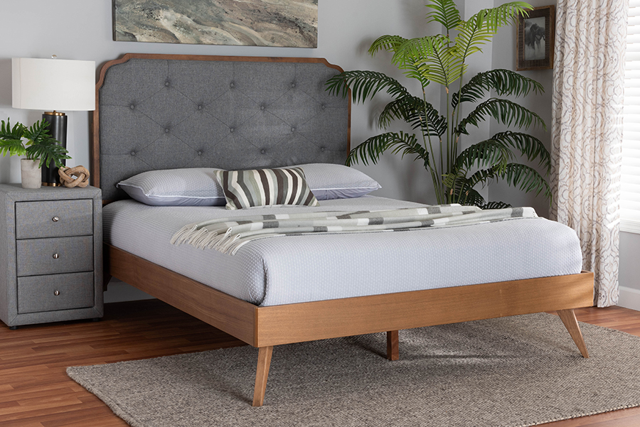 193271325979 Lorana Mid-Century Modern Grey Fabric & Walnut Brown Wood King Size Platform Bed -  Baxton Studio