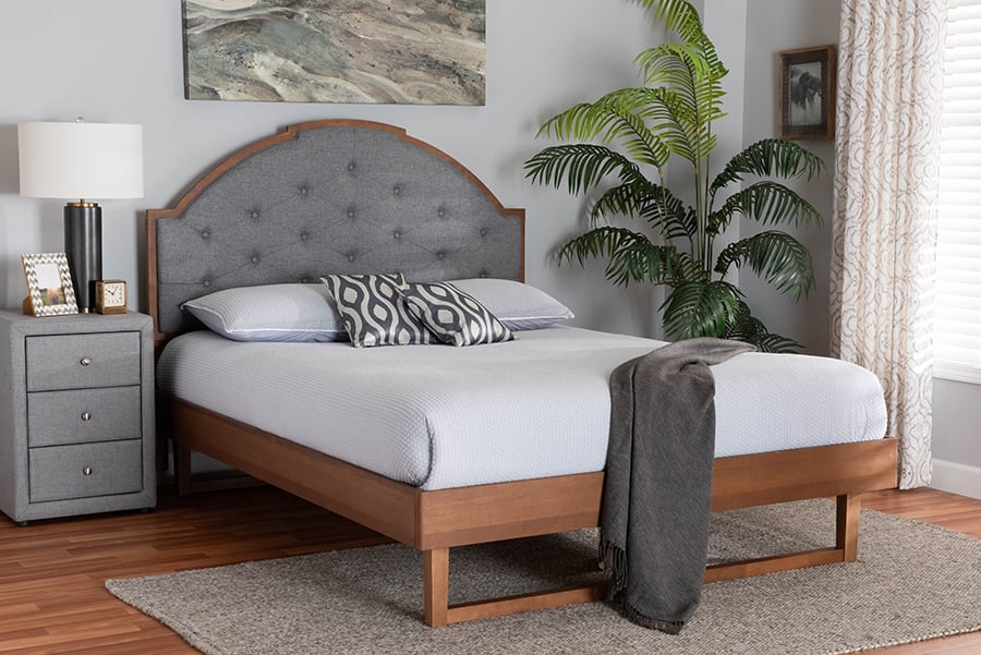 193271326549 Douglas Mid-Century Modern Grey Fabric & Walnut Brown Wood Queen Size Platform Bed -  Baxton Studio