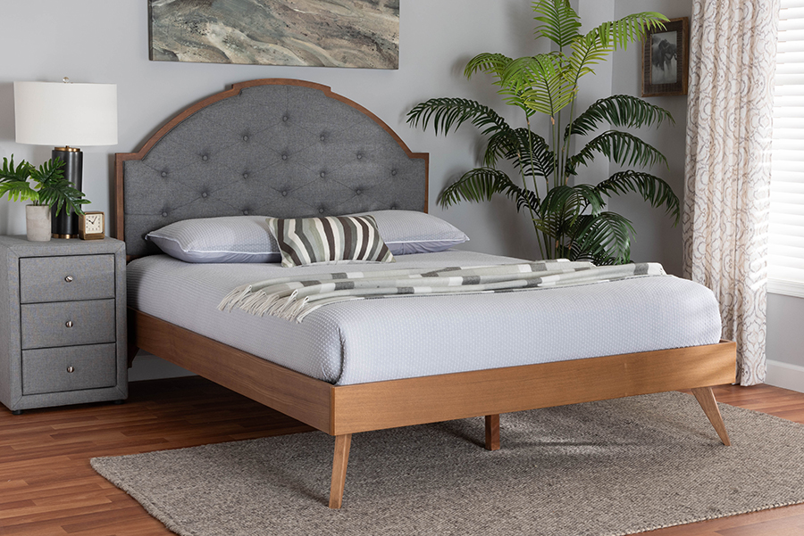 193271326617 Blanchard Mid-Century Modern Grey Fabric & Walnut Brown Wood King Size Platform Bed -  Baxton Studio