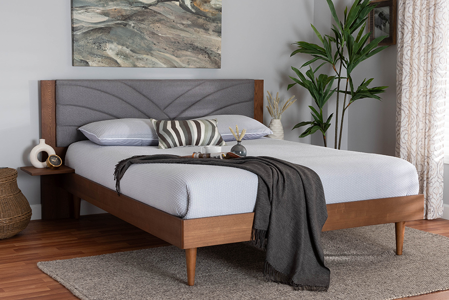 193271412570 Hemera Mid-Century Modern Grey Fabric & Walnut Brown Wood Queen Size Platform Bed with Floating Side Table -  Baxton Studio