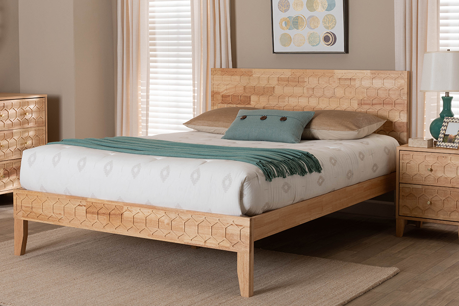 193271416103 Hosea Japandi Carved Honeycomb Natural King Size Platform Bed
