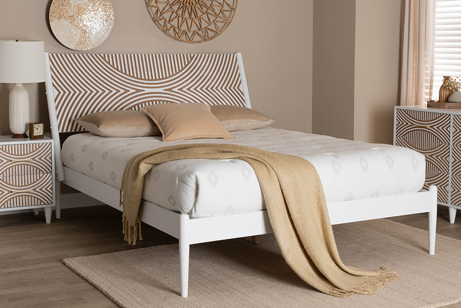 193271416134 Louetta Coastal White & Natural Brown King Size Platform Bed with Carved Contrasting Headboard