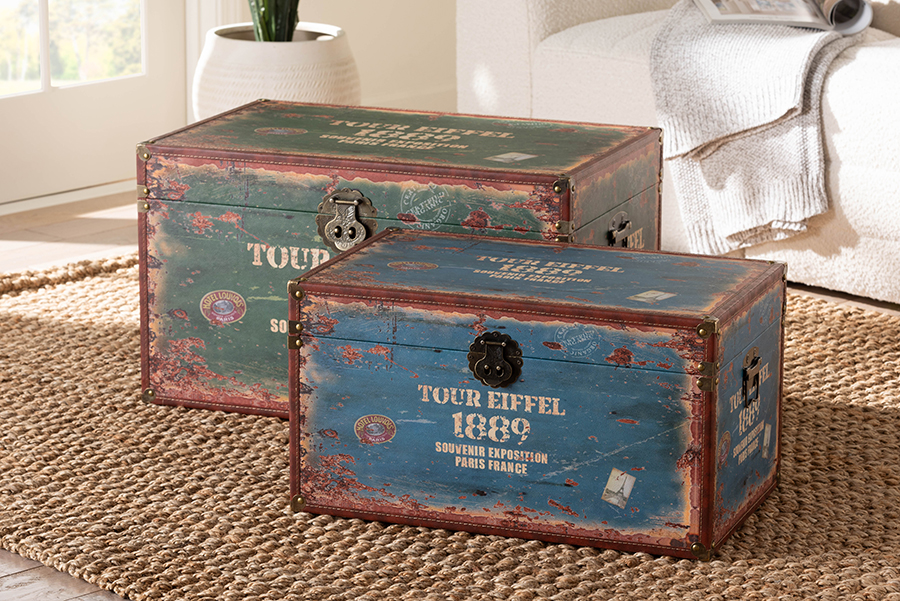 193271424856 Sabeen Vintage Parisian Faux Leather & Wood Storage Trunk Set, Green & Blue - 2 Piece