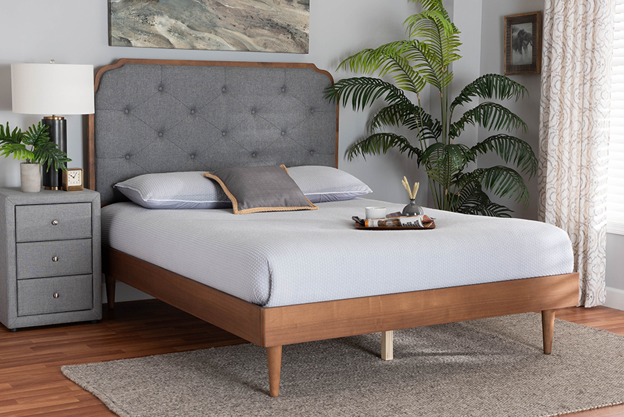 193271426973 Garron Mid-Century Modern Grey Fabric & Walnut Brown Wood King Size Platform Bed